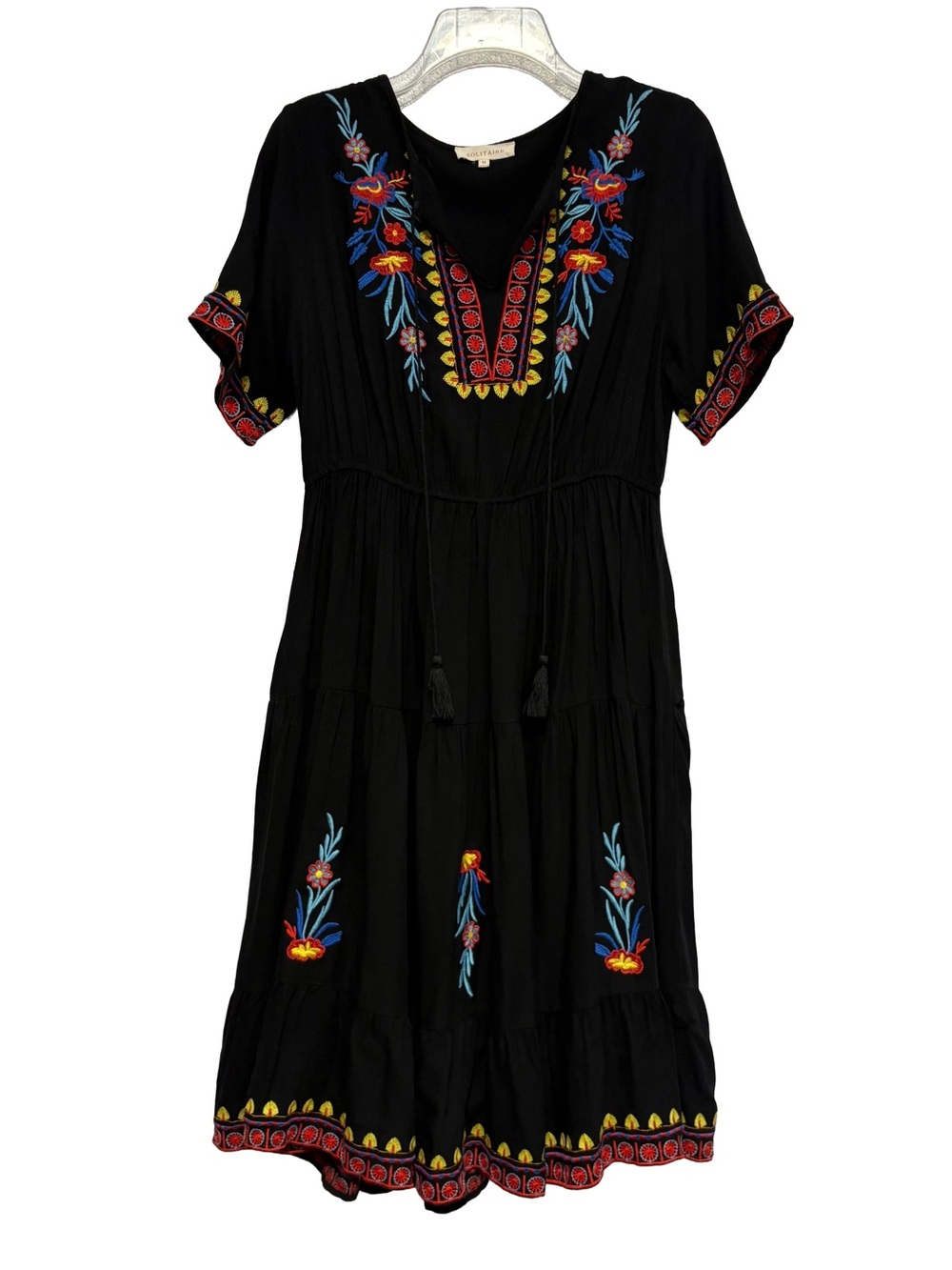 Boho Embroidered Black Midi Dress - Floral Accent Size Medium